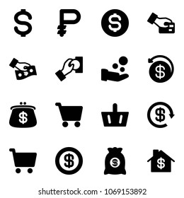 Solid vector icon set - dollar vector, ruble, coin, card pay, cash, money back, purse, cart, basket, reload, bag, home