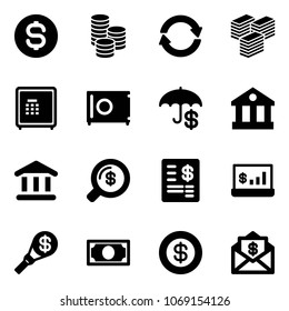 Solid Vector Icon Set - Dollar Coin Vector, Exchange, Big Cash, Safe, Bank, Money Search, Account Statement, Statistics, Torch, Mail