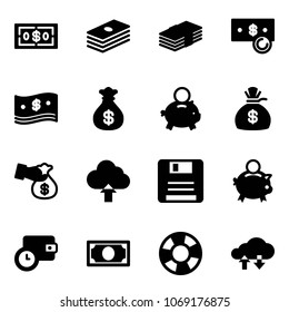 Solid vector icon set - dollar vector, cash, money bag, piggy bank, encashment, upload cloud, save, wallet time, lifebuoy, exchange data