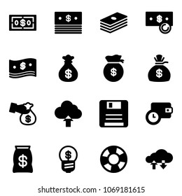 Solid vector icon set - dollar vector, cash, money bag, encashment, upload cloud, save, wallet time, business idea, lifebuoy, exchange data
