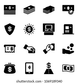 Solid vector icon set - dollar vector, cash, safe, sun, atm, receipt, card pay, purse, mobile payment, money