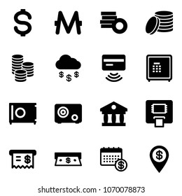 Solid vector icon set - dollar vector, monero, coin, money rain, tap pay, safe, bank, atm, receipt, cash, calendar, pin