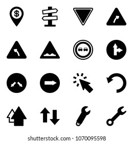 Solid vector icon set - dollar pin vector, road signpost sign, giving way, turn right, left, rough, no overtake, only forward, detour, cursor, undo, arrow up, down arrows, wrench