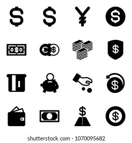 Solid vector icon set - dollar sign vector, yen, coin, euro, big cash, safe, atm, piggy bank, investment, money back, wallet
