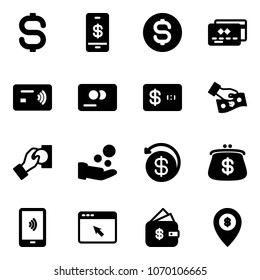 Solid vector icon set - dollar sign vector, mobile payment, coin, credit card, tap pay, cash, money back, purse, cursor browser, finance management, atm map pin