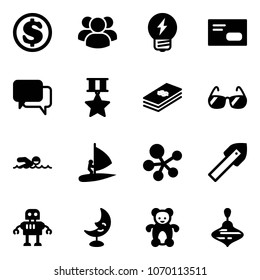 Solid vector icon set - dollar vector, group, idea, envelope, dialog, star medal, sunglasses, swimming, windsurfing, molecule, tile drill, robot, moon lamp, bear toy, wirligig