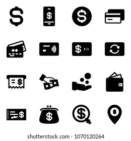 Solid vector icon set - dollar sign vector, mobile payment, coin, credit card, tap pay, exchange, receipt, cash, wallet, check, purse, money click, atm map pin