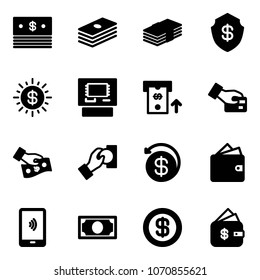 Solid vector icon set - dollar vector, safe, sun, atm, card pay, cash, money back, wallet, mobile payment, finance management
