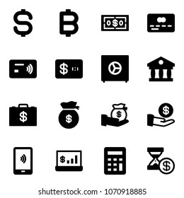 Solid vector icon set - dollar sign vector, bitcoin, credit card, tap pay, safe, bank, money case, bag, investment, mobile payment, account statistics, calculator, history