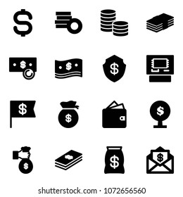 Solid vector icon set - dollar sign vector, coin, cash, safe, atm, flag, money bag, wallet, tree, rich, mail