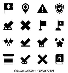 Solid vector icon set - dollar flag vector, pin, attention road sign, shield check, delete cross, flags, stars, jalousie, abc book