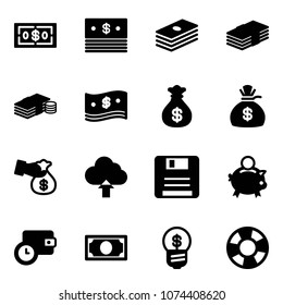 Solid vector icon set - dollar vector, cash, money bag, encashment, upload cloud, save, piggy bank, wallet time, business idea, lifebuoy