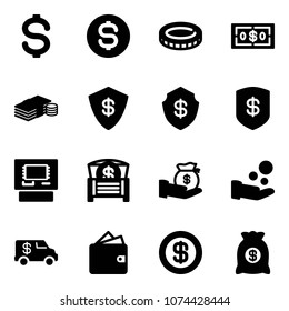 Solid vector icon set - dollar vector, coin, cash, safe, atm, money chest, investment, pay, encashment car, wallet, bag