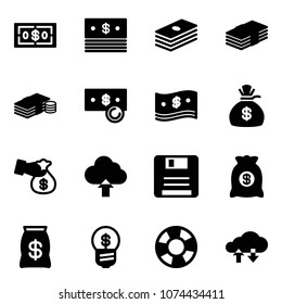 Solid vector icon set - dollar vector, cash, money bag, encashment, upload cloud, save, business idea, lifebuoy, exchange data
