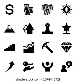 Solid vector icon set - dollar sign vector, coin, big cash, sun, attainment, arrow up, winner, award, stairs, growth, rock axe, diamond, key hand, success, money dialog