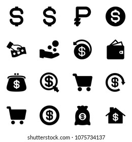 Solid vector icon set - dollar sign vector, ruble, coin, cash pay, money back, wallet, purse, click, cart, reload, bag, home
