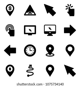 Solid vector icon set - dollar pin vector, drawbridge road sign, cursor, hand touch, monitor, right arrow, left, time, map, atm, trip, navigation