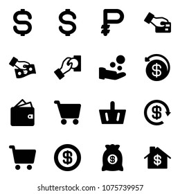 Solid vector icon set - dollar sign vector, ruble, card pay, cash, money back, wallet, cart, basket, reload, bag, home