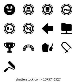 Solid vector icon set - dollar smile vector, no dangerous cargo road sign, cart horse, truck overtake, end minimal speed limit, left arrow, network folder, gold cup, rainbow, bucket scoop, fretsaw