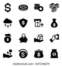 Solid vector icon set - dollar vector, coin, big cash, money rain, safe, atm, bag, piggy bank, investment, pay, back, purse