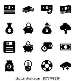 Solid vector icon set - dollar vector, cash, money bag, piggy bank, upload cloud, save, wallet time, business idea, lifebuoy, exchange data