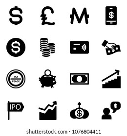 Solid vector icon set - dollar sign vector, pound, monero, mobile payment, coin, tap pay, cash, tax peage road, piggy bank, money, growth, ipo, dialog
