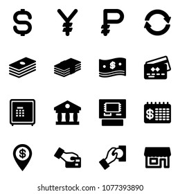 Solid vector icon set - dollar sign vector, yen, ruble, exchange, cash, credit card, safe, bank, atm, finance calendar, pin, pay, store