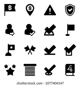 Solid vector icon set - dollar flag vector, pin, attention road sign, shield check, user login, flags cross, stars, jalousie, abc book