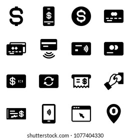Solid vector icon set - dollar sign vector, mobile payment, coin, credit card, tap pay, exchange, receipt, cash, check, cursor browser, atm map pin