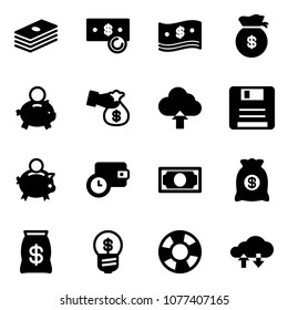 Solid vector icon set - dollar vector, cash, money bag, piggy bank, encashment, upload cloud, save, wallet time, business idea, lifebuoy, exchange data