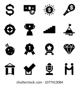 Solid vector icon set - dollar sign vector, cash, sun, money torch, target, cup, stairs, mountain, moon flag, gold medal, star, diamond, pennant, check, microphone, agreement