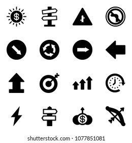 Solid vector icon set - dollar sun vector, road signpost sign, intersection, no left turn, detour, circle, only right, arrow, uplooad, target, arrows up, clock around, lightning, growth, bow