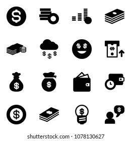 Solid vector icon set - dollar coin vector, cash, money rain, smile, atm, bag, wallet, time, business idea, dialog