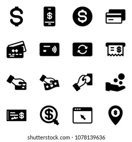 Solid vector icon set - dollar vector, mobile payment, coin, credit card, tap pay, exchange, receipt, cash, check, money click, cursor browser, atm map pin