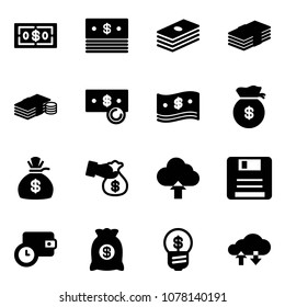 Solid vector icon set - dollar vector, cash, money bag, encashment, upload cloud, save, wallet time, business idea, exchange data