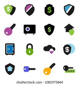 solid vector icon set - dollar shield vector, safe, cloud, lock, key, home protect, password