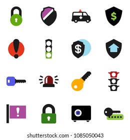 solid vector icon set - dollar shield vector, safe, attention, traffic light, amkbulance car, lock, key, siren, home protect, password