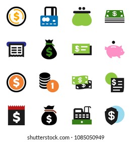 solid vector icon set - dollar coin vector, credit card, money bag, piggy bank, stack, receipt, wallet, cash, cashbox, check, shield