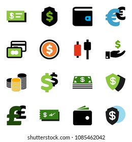 solid vector icon set - dollar coin vector, japanese candle, credit card, wallet, investment, stack, shield, euro sign, pound, cash, check