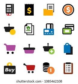 solid vector icon set - dollar coin vector, cart, credit card, stack, receipt, estate document, shopping bag, buy, reader, basket, list