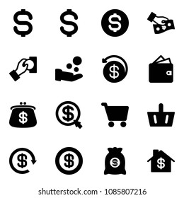 Solid vector icon set - dollar sign vector, coin, cash pay, money back, wallet, purse, click, cart, basket, reload, bag, home