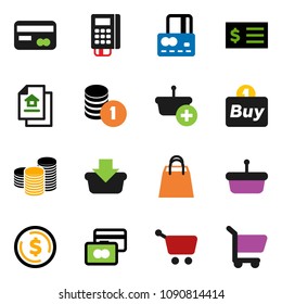 solid vector icon set - dollar coin vector, credit card, stack, receipt, estate document, shopping bag, buy, reader, basket, cart