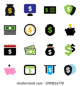 solid vector icon set - dollar coin vector, cash, money bag, piggy bank, receipt, flag, shield, calendar, monitor, sign