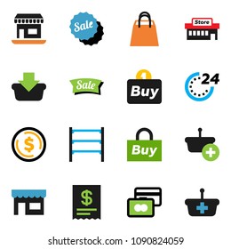 solid vector icon set - dollar coin vector, credit card, office, shelving, sale, 24 hour, shopping bag, store, mall, buy, receipt, basket