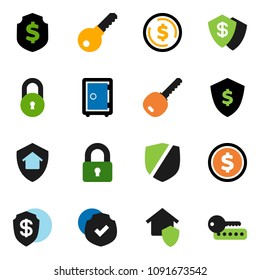 solid vector icon set - dollar coin vector, shield, safe, protected, lock, key, home protect, password