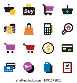 solid vector icon set - dollar coin vector, cart, stack, search estate, credit card, new, shopping bag, buy, reader, basket, list
