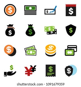 solid vector icon set - dollar coin vector, credit card, cash, money bag, investment, check, shield, yen sign, receipt