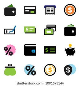 solid vector icon set - dollar coin vector, credit card, wallet, piggy bank, check, receipt, percent, shield