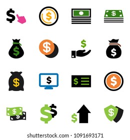 solid vector icon set - dollar coin vector, cash, money bag, investment, growth, receipt, monitor, cursor, sign, shield