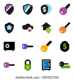 solid vector icon set - dollar shield vector, safe, cloud, lock, key, home protect, password